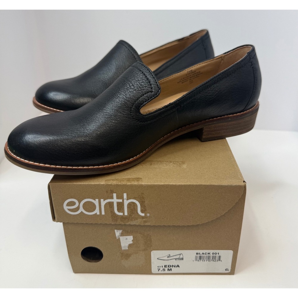 Earth Edna Round Toe Casual Slip-on Flat Loafers Black Leather Size 7.5 Women